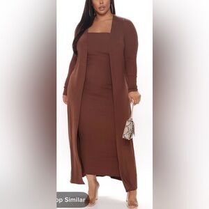 Plus size maxi dress with long sweater over dark brown size3x